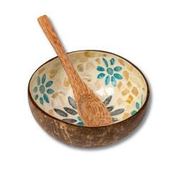 Kék virágos kókusztál szett fa kiskanállal